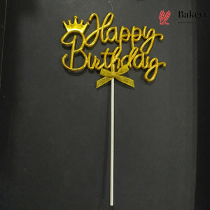 8.5 Inch | Metallic Gold Happy Birthday Cake Topper with Ribbon | Metallic Gold | 1 Piece