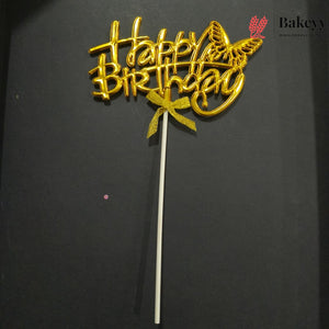8.5 Inch | Metallic Gold Happy Birthday Cake Topper with Ribbon | Metallic Gold | 1 Piece
