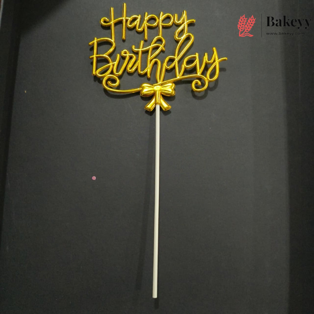 8.5 Inch | Metallic Gold Happy Birthday Cake Topper with Ribbon | Metallic Gold | 1 Piece