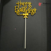 8.5 Inch | Metallic Gold Happy Birthday Cake Topper with Ribbon | Metallic Gold | 1 Piece