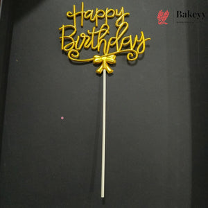 8.5 Inch | Metallic Gold Happy Birthday Cake Topper with Ribbon | Metallic Gold | 1 Piece