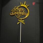 8.5 Inch | Metallic Gold Happy Birthday Cake Topper with Ribbon | Metallic Gold | 1 Piece