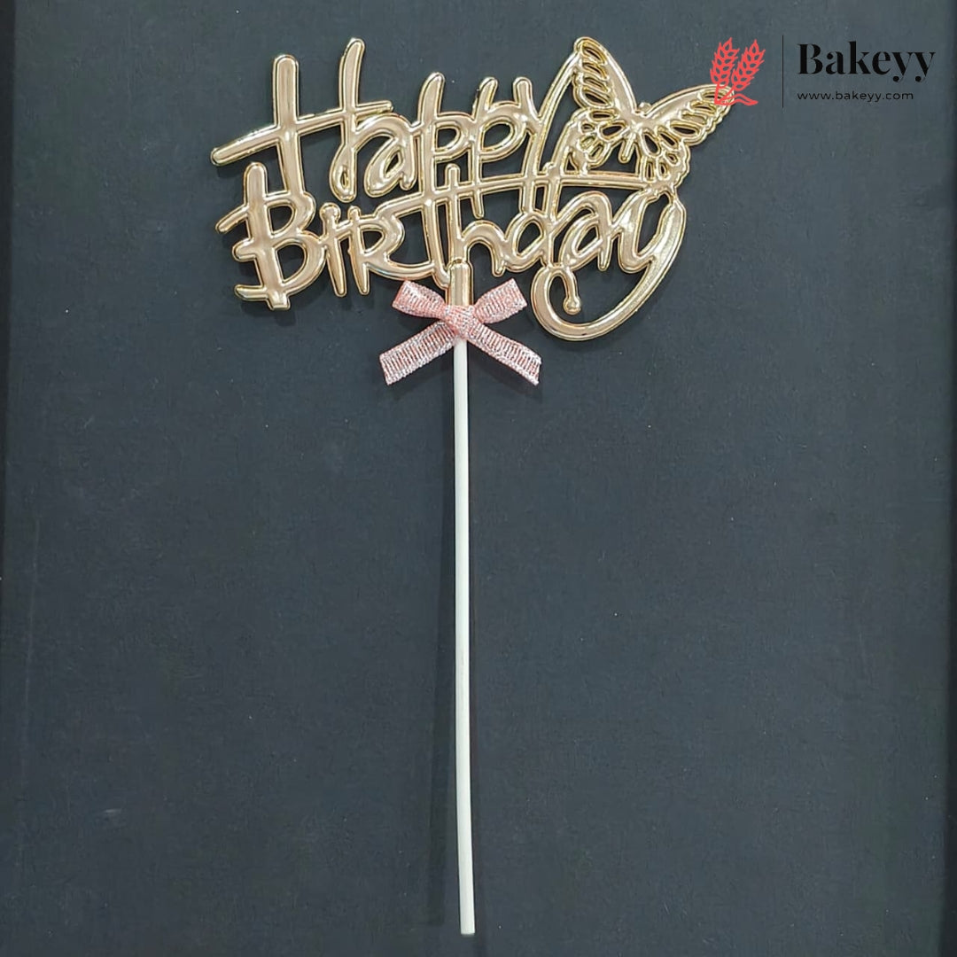 8.5 Inch | Metallic Brass Happy Birthday Cake Topper with Ribbon | Metallic Brass| 1 Piece