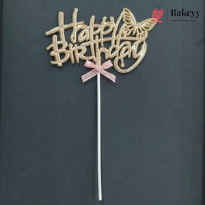 8.5 Inch | Metallic Brass Happy Birthday Cake Topper with Ribbon | Metallic Brass| 1 Piece