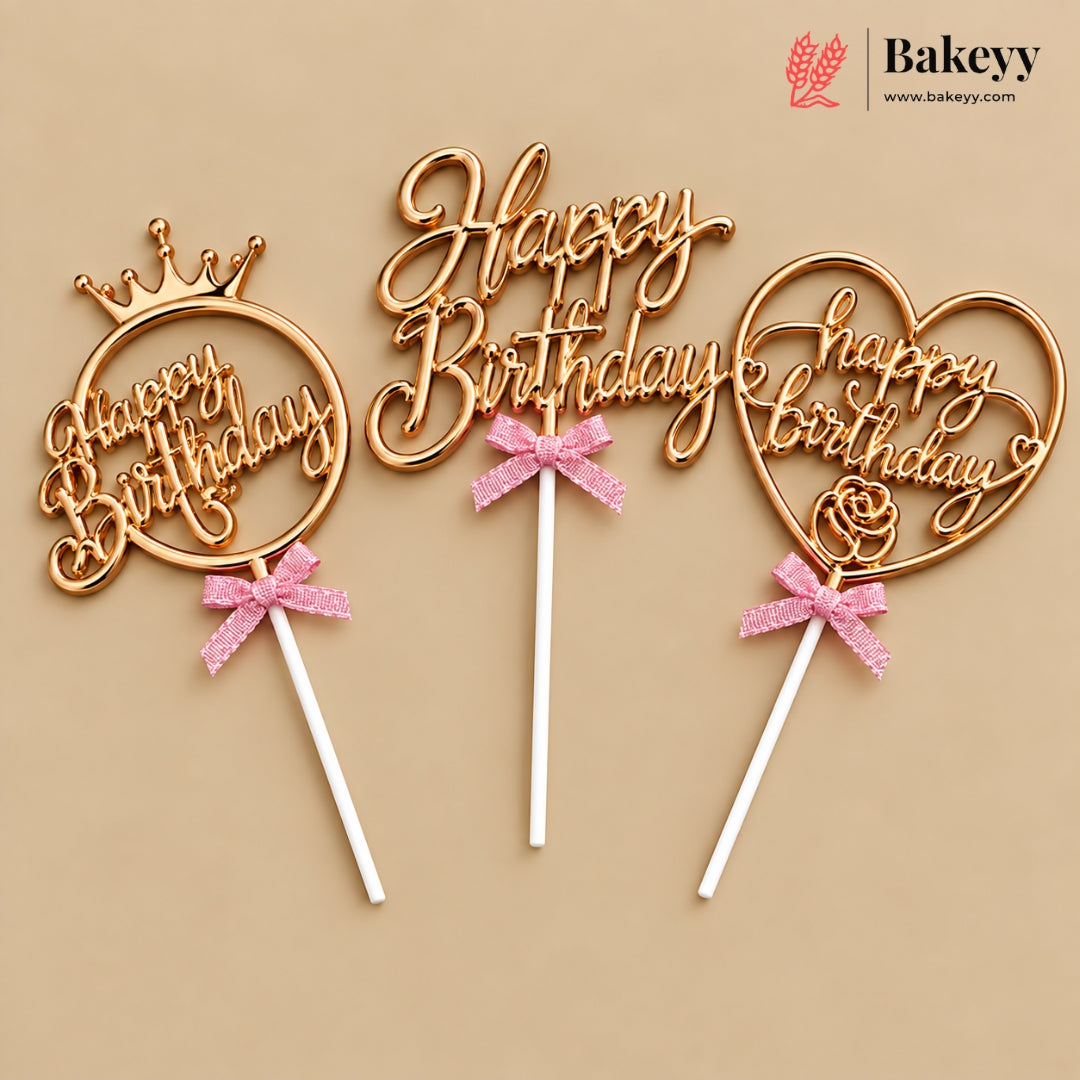 8.5 Inch | Metallic Brass Happy Birthday Cake Topper with Ribbon | Metallic Brass| 1 Piece