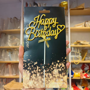 8.5 Inch | Metallic Gold Happy Birthday Cake Topper with Ribbon | Metallic Gold | 1 Piece