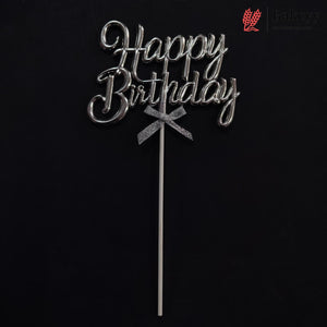 8.5 Inch | Metallic Silver Happy Birthday Cake Topper with Ribbon | Metallic Silver | 1 Piece