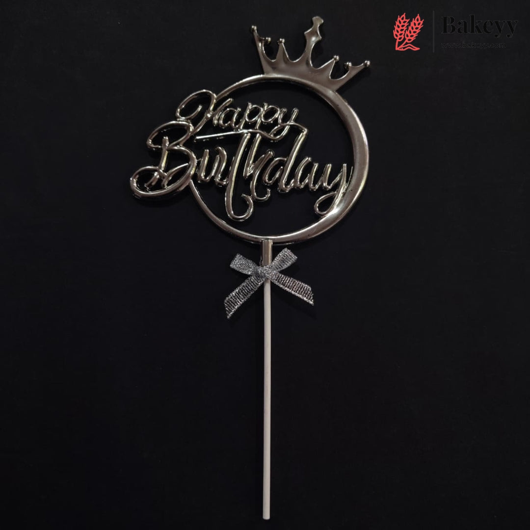 8.5 Inch | Metallic Silver Happy Birthday Cake Topper with Ribbon | Metallic Silver | 1 Piece