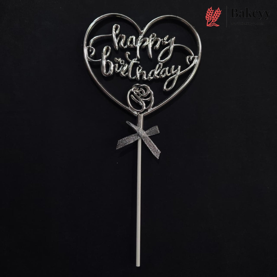 8.5 Inch | Metallic Silver Happy Birthday Cake Topper with Ribbon | Metallic Silver | 1 Piece
