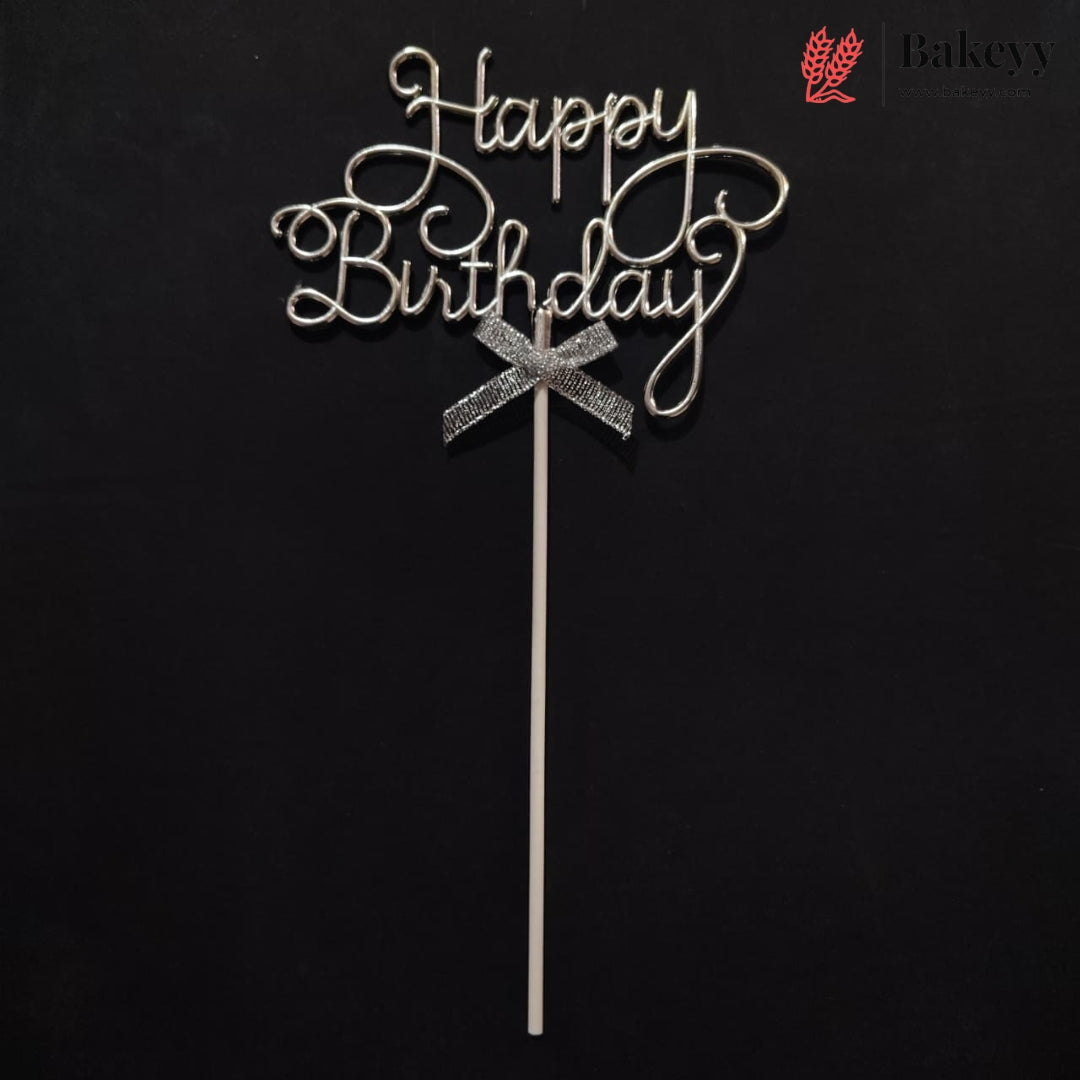 8.5 Inch | Metallic Silver Happy Birthday Cake Topper with Ribbon | Metallic Silver | 1 Piece