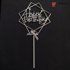 8.5 Inch | Metallic Silver Happy Birthday Cake Topper with Ribbon | Metallic Silver | 1 Piece