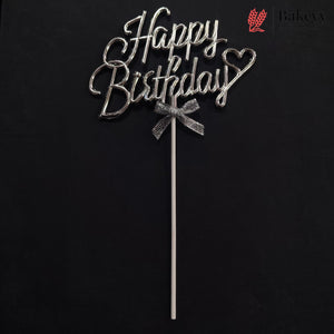 8.5 Inch | Metallic Silver Happy Birthday Cake Topper with Ribbon | Metallic Silver | 1 Piece