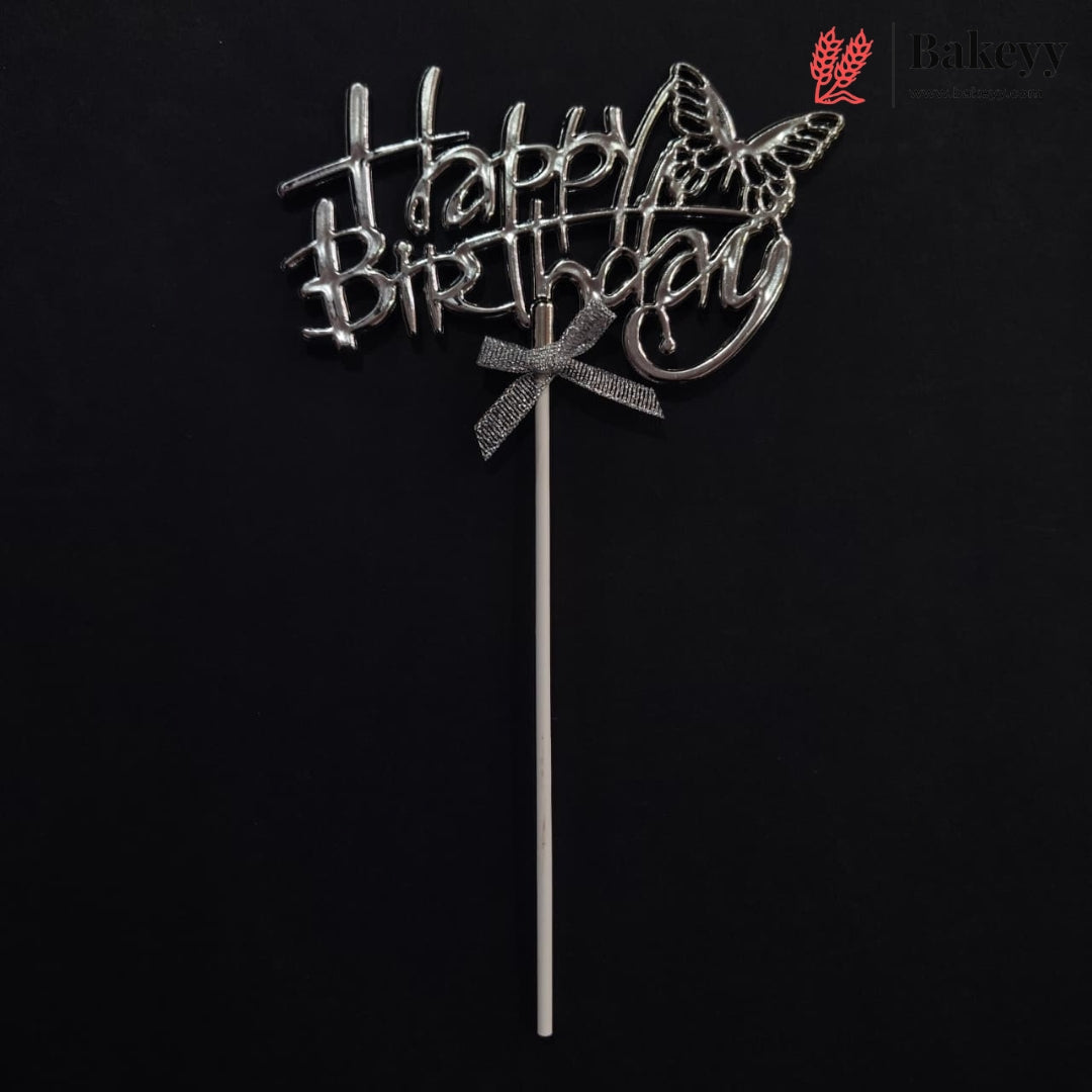 8.5 Inch | Metallic Silver Happy Birthday Cake Topper with Ribbon | Metallic Silver | 1 Piece