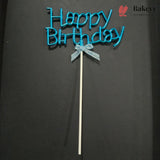 8.5 Inch | Metallic Blue Happy Birthday Cake Topper with Ribbon | Metallic Blue | 1 Piece