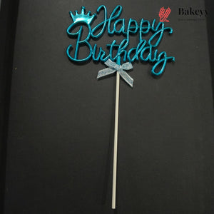 8.5 Inch | Metallic Blue Happy Birthday Cake Topper with Ribbon | Metallic Blue | 1 Piece