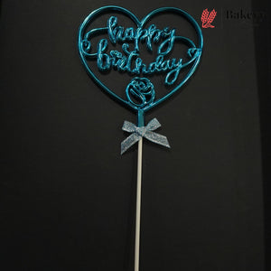 8.5 Inch | Metallic Blue Happy Birthday Cake Topper with Ribbon | Metallic Blue | 1 Piece