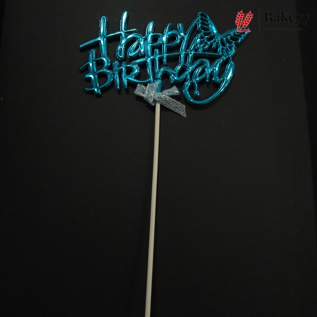 8.5 Inch | Metallic Blue Happy Birthday Cake Topper with Ribbon | Metallic Blue | 1 Piece