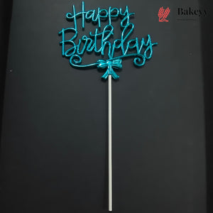 8.5 Inch | Metallic Blue Happy Birthday Cake Topper with Ribbon | Metallic Blue | 1 Piece