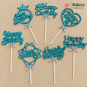 8.5 Inch | Metallic Blue Happy Birthday Cake Topper with Ribbon | Metallic Blue | 1 Piece