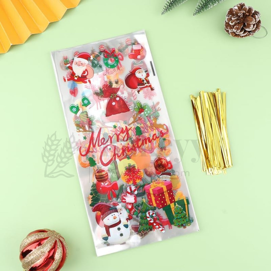 Christmas Cellophane Treat Bags with 50 Pieces Twisters | Random Designs-Pack of 50