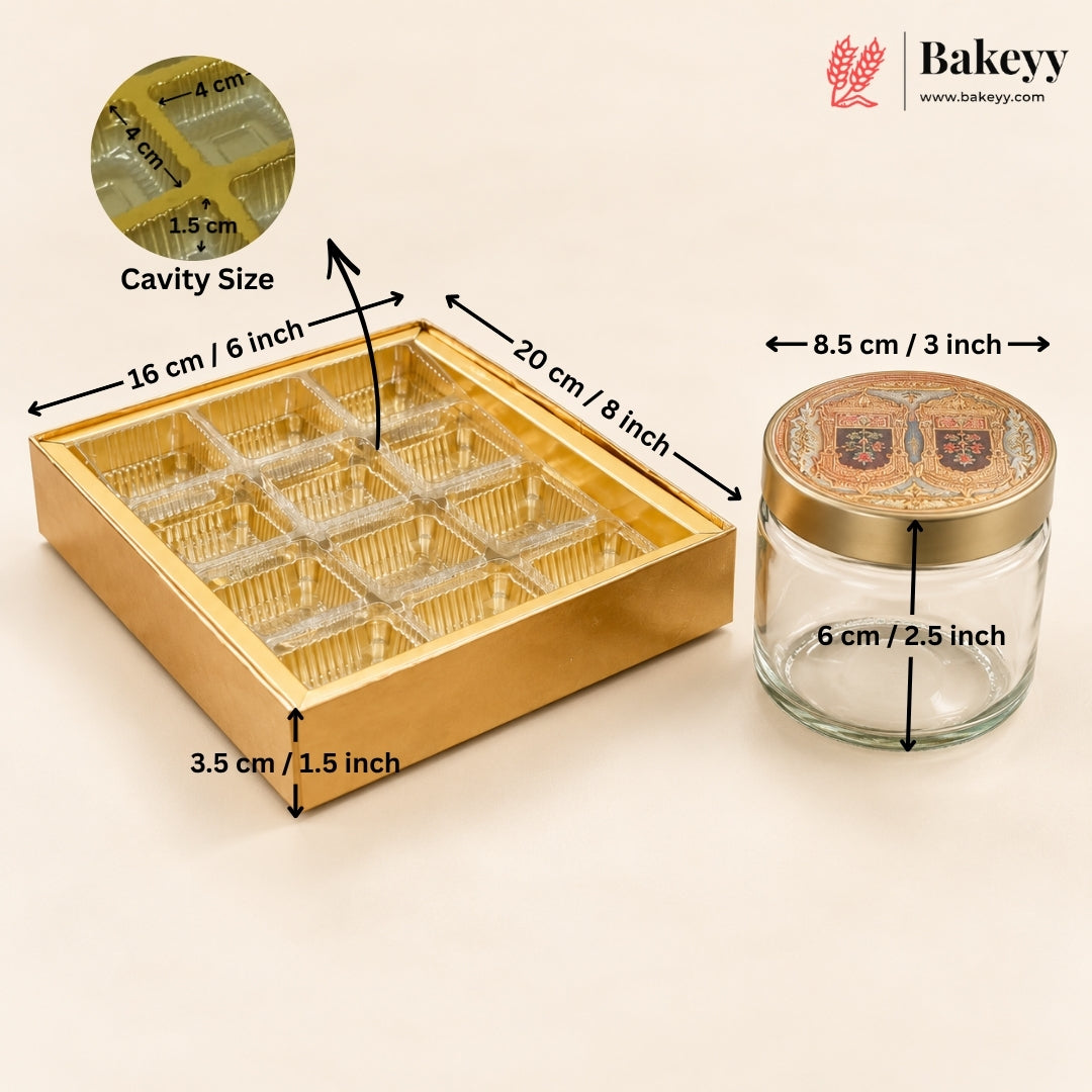 Embossed MDF Hamper Box with 2 Jars & 12-Golden Chocolate Cavity | 2 Designs | Pack of 1
