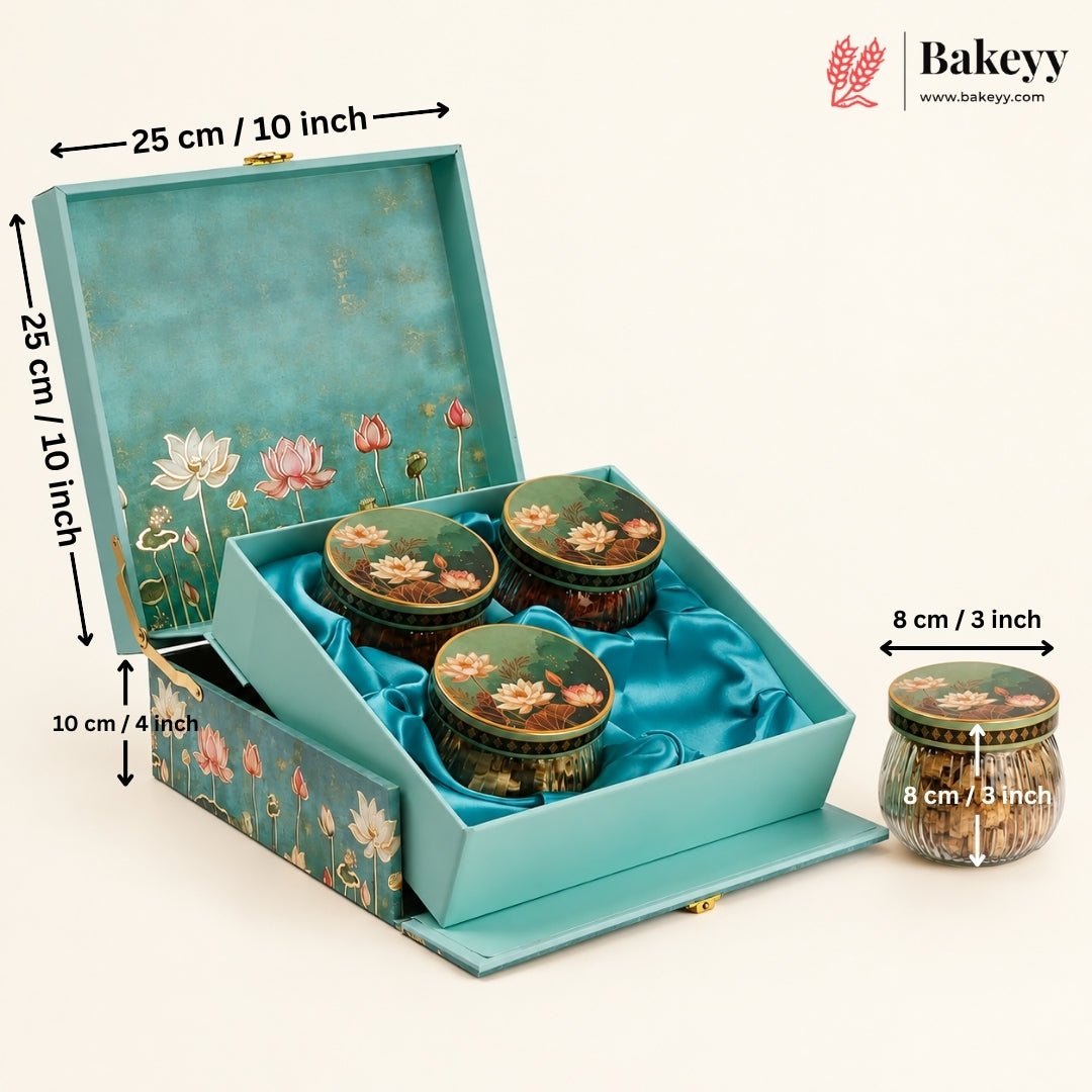 Lotus Printed MDF Hamper Box with 4 Glass Jars | With & Without Chocolate Cavity | Pack of 1