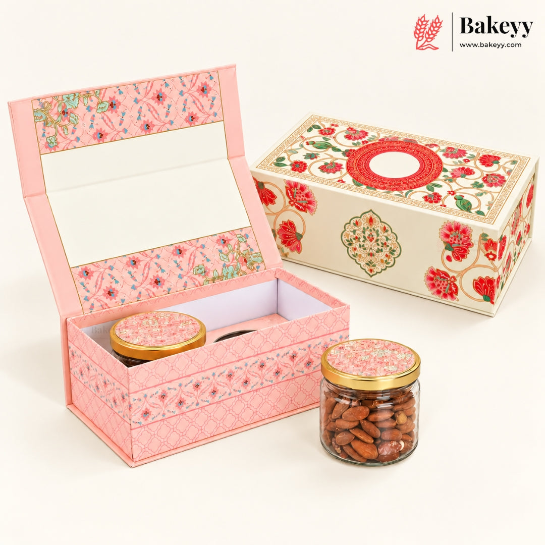 Embossed Rigid Hamper Box with 2 Glass Jars & Magnetic Closure | 2 Designs | Pack of 1