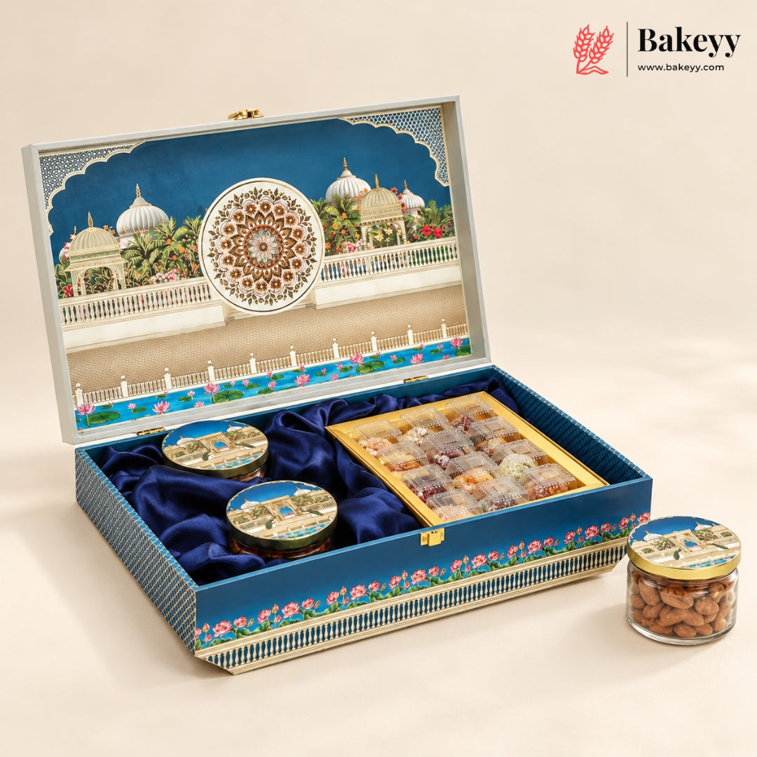 Pichwai Palace MDF Hamper Box with 3 Jars & 12-Golden Chocolate Cavity | Pack of 1