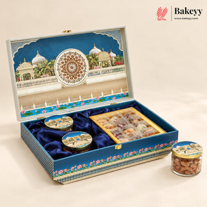 Pichwai Palace MDF Hamper Box with 3 Jars & 12-Golden Chocolate Cavity | Pack of 1