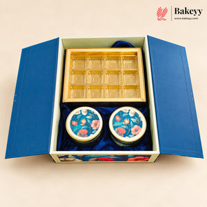 Embossed MDF Hamper Box with 2 Jars & 12-Golden Chocolate Cavity | 2 Designs | Pack of 1