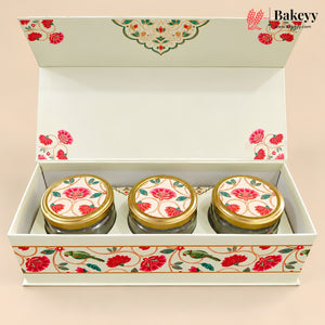 Floral Embossed MDF Hamper Box with 3 Glass Jars & Magnetic Lock | Pack of 1