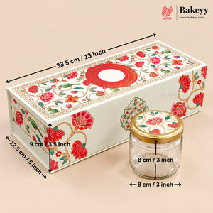 Floral Embossed MDF Hamper Box with 3 Glass Jars & Magnetic Lock | Pack of 1