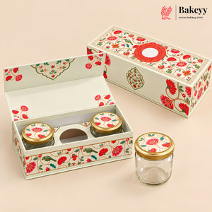 Floral Embossed MDF Hamper Box with 3 Glass Jars & Magnetic Lock | Pack of 1