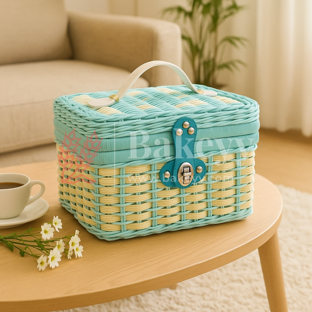 21x18x15 cm | Handmade Aqua Blue Wicker Storage Basket | 1 Piece