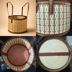A four-panel collage showing a woven basket from multiple angles: front view on a beige background, close-up of the side weave, interior view, and top view showing the lid and crossbar.