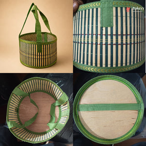 A four-panel collage showing a hand-woven bamboo basket from multiple angles. The basket has green fabric handles, a green and beige striped pattern on the sides, and a green decorative border.
