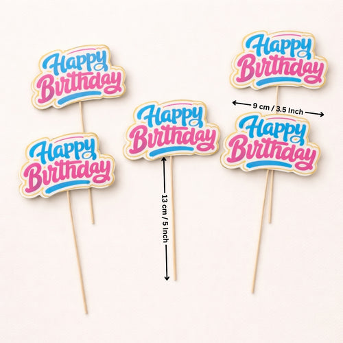 Happy Birthday Cake Toppers | Multiple Design Options with Wooden Stick | Pack of 50