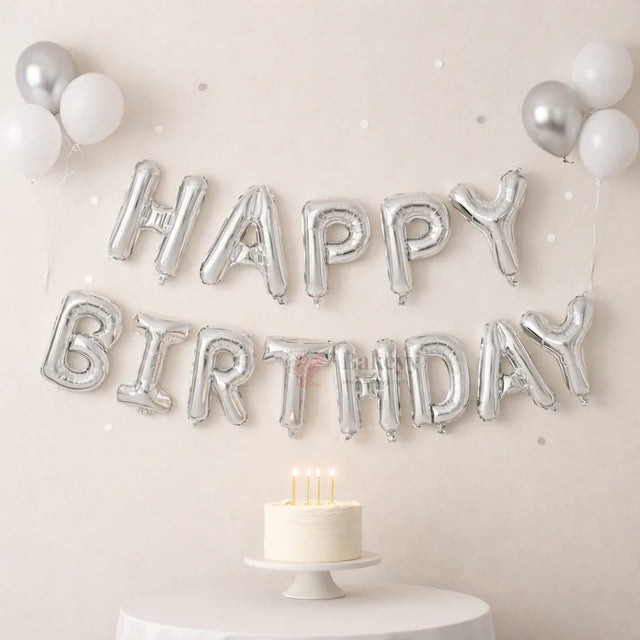 Happy Birthday Silver Foil Letter Balloon Banner Set | Party Decoration | Pack of 1 - Bakeyy.com - India - Happy Birthday Silver Foil Letter Balloon Banner Set | Party Decoration | Pack of 1 - Default Title 110.00