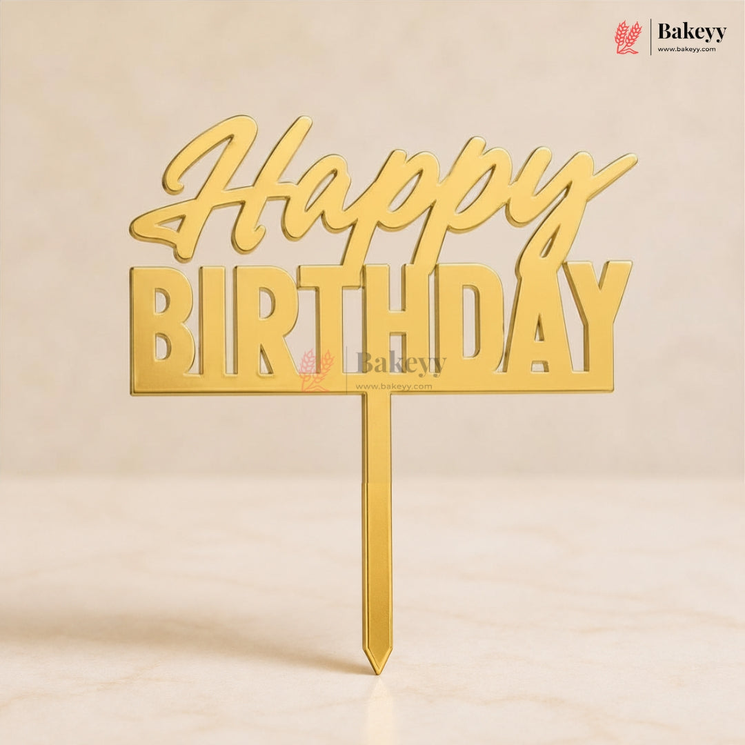 Gold Acrylic Happy Birthday Cake Topper | Laser Cut Cake Decoration | Pack of 1