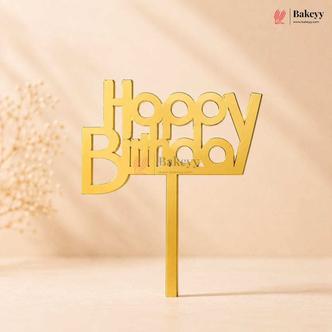 Gold Acrylic Happy Birthday Cake Topper | Laser Cut Cake Decoration | Pack of 1