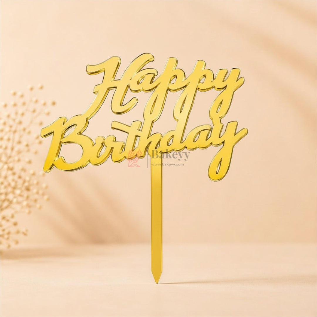Gold Acrylic Happy Birthday Cake Topper | Laser Cut Cake Decoration | Pack of 1