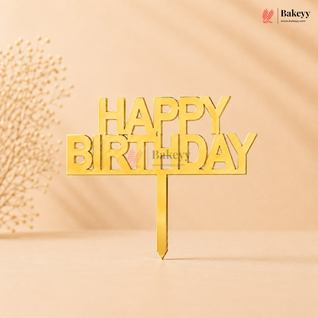 Gold Acrylic Happy Birthday Cake Topper | Laser Cut Cake Decoration | Pack of 1