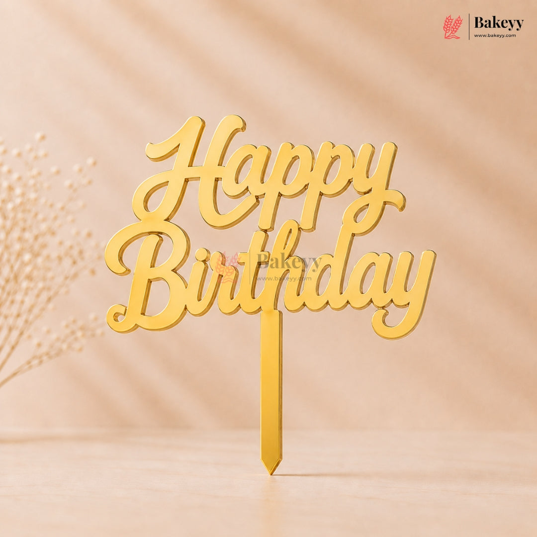 Gold Acrylic Happy Birthday Cake Topper | Laser Cut Cake Decoration | Pack of 1