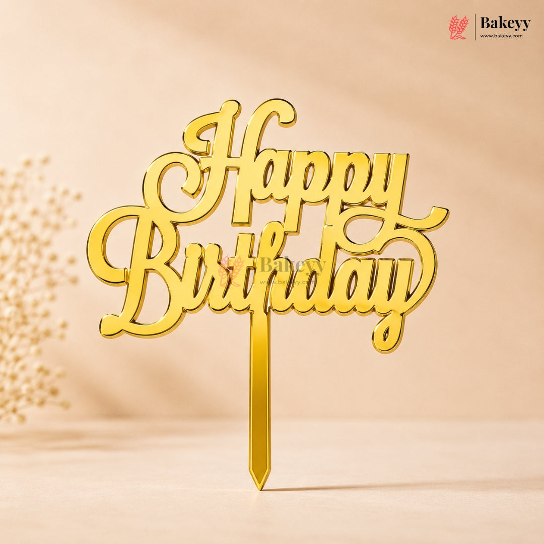 Gold Acrylic Happy Birthday Cake Topper | Laser Cut Cake Decoration | Pack of 1