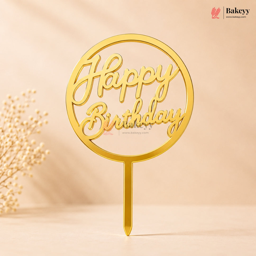 Gold Acrylic Happy Birthday Cake Topper | Laser Cut Cake Decoration | Pack of 1