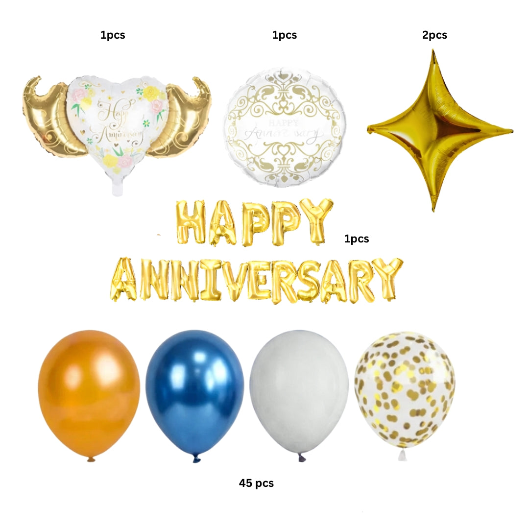 Happy Anniversary Balloon Decoration Kit | Blue Gold Theme | Party Decor Set | Pack of 1