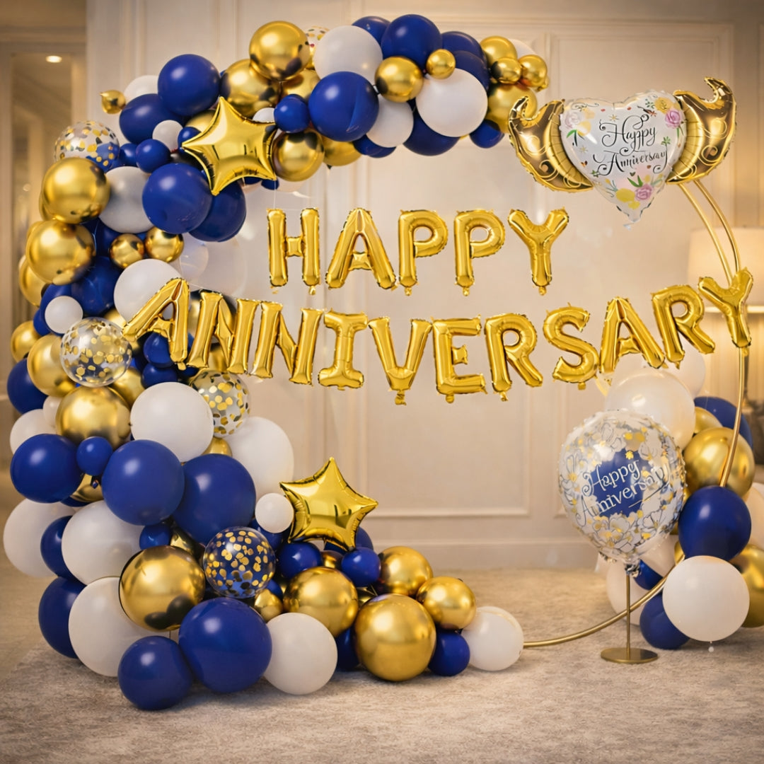 Happy Anniversary Balloon Decoration Kit | Blue Gold Theme | Party Decor Set | Pack of 1
