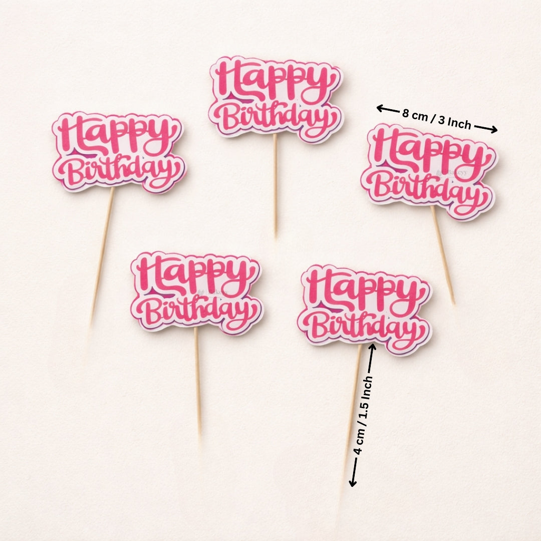 Happy Birthday Cake Toppers | Multiple Design Options with Wooden Stick | Pack of 50