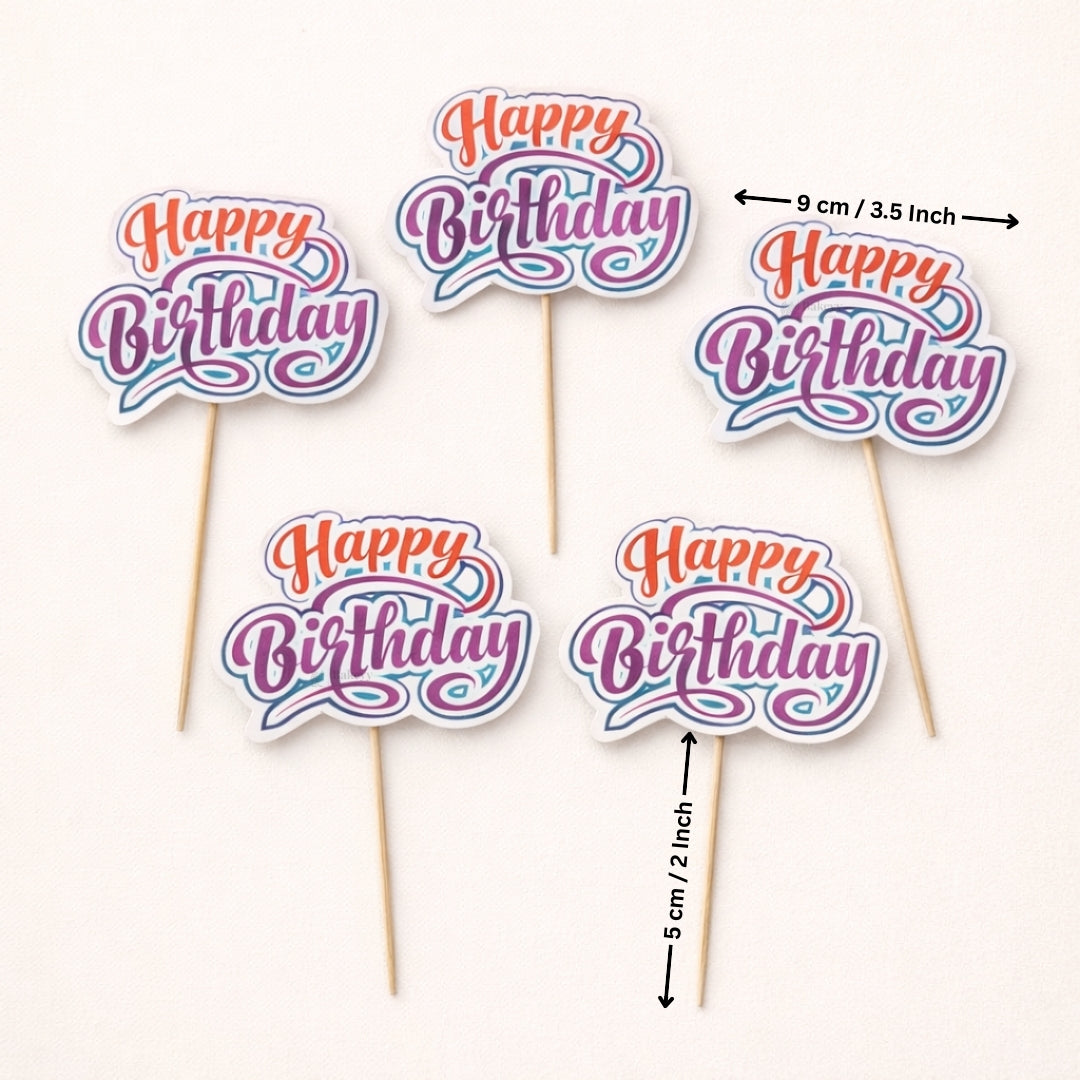 Happy Birthday Cake Toppers | Multiple Design Options with Wooden Stick | Pack of 50