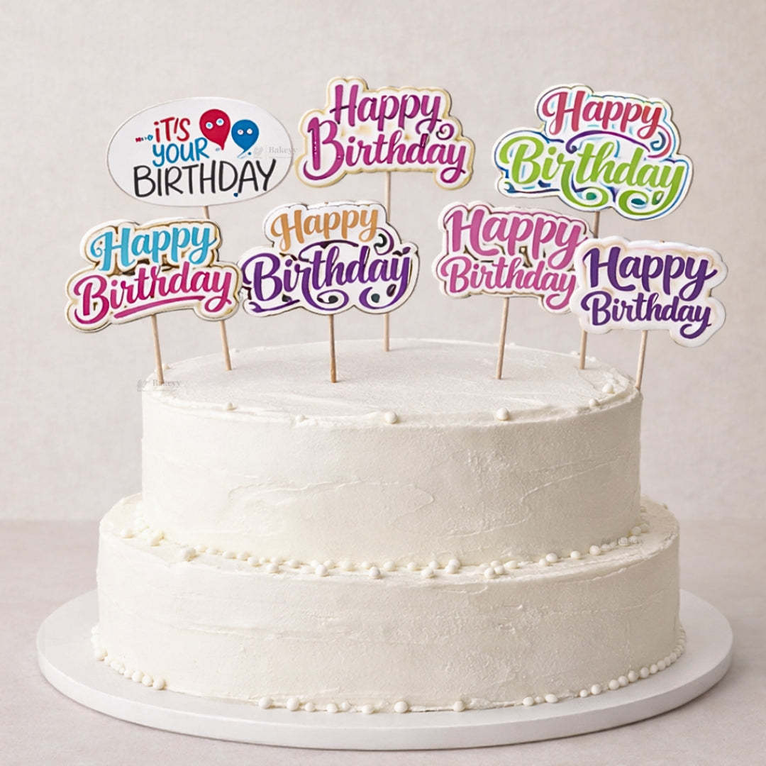 Happy Birthday Cake Toppers | Multiple Design Options with Wooden Stick | Pack of 50
